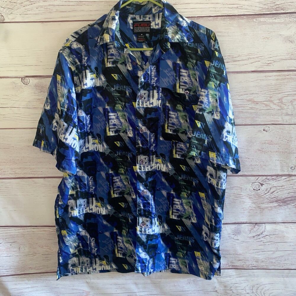 FUBU Shirt Mens M Blue All Over Print Button Up Hip Hop Y2K Streetwear Vintage